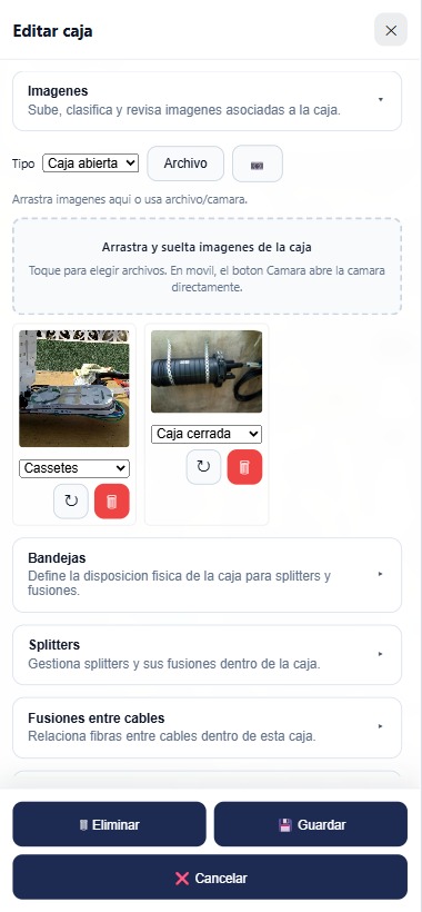 Vista móvil de GisGoFiber: gestión de imágenes de una caja con drag & drop y cámara directa.